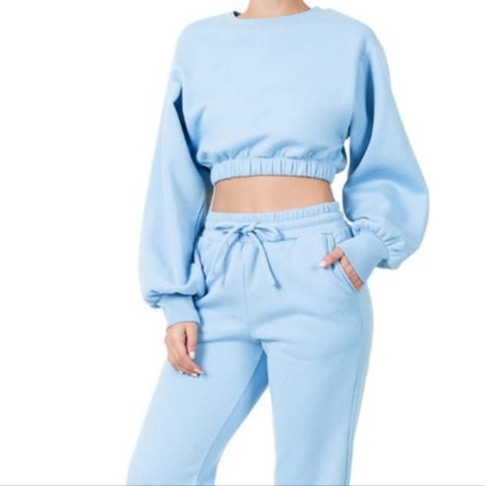 Light Blue Cropped Sweatshirt and Joggers Set